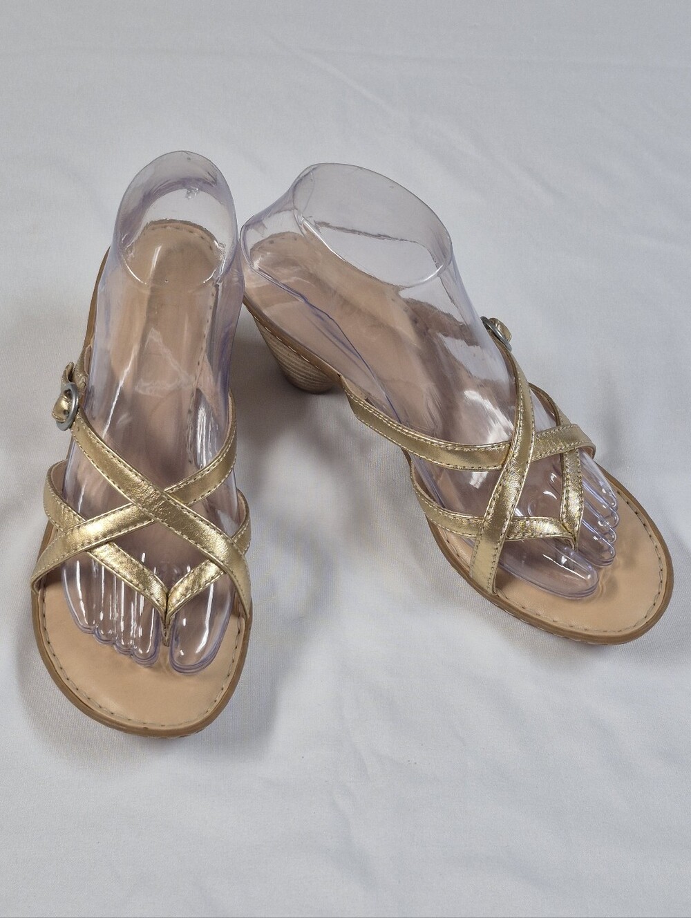 Born Women Gold Leather Strappy Crisscross Wedge Sandals Metallic Heel Sz 8